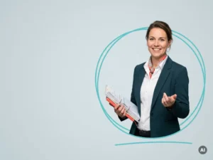 Zelfverzekerde Nederlandse mkb-ondernemer met documenten, glimlachend in studio met ruimte voor tekst links