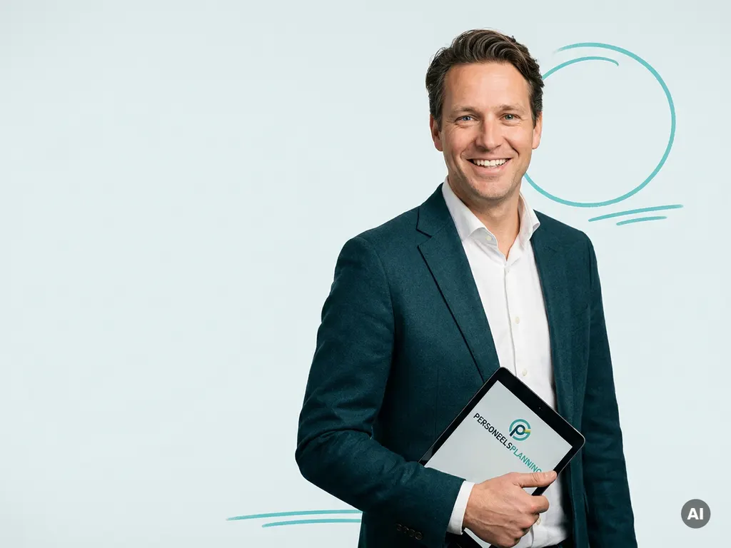 Zelfverzekerde mkb-ondernemer met tablet, rechts in beeld op licht blauwgrijze achtergrond, straalt flexibiliteit uit