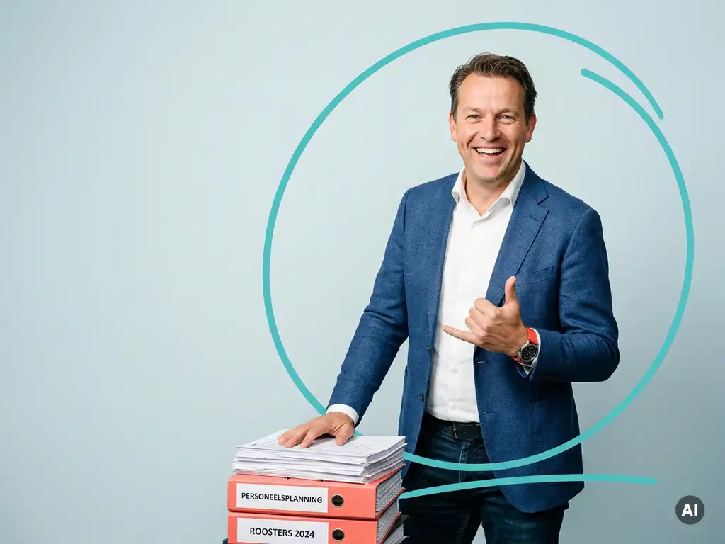Zelfverzekerde Nederlandse mkb-ondernemer met personeelsroosters in studio, vriendelijk en professioneel.
