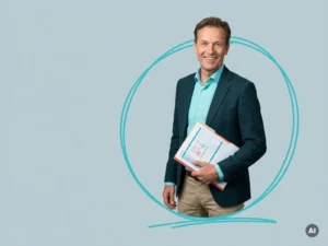 Zelfverzekerde mkb-ondernemer met personeelsroosters in studio, tegen lichtblauwgrijze achtergrond met veel lege ruimte