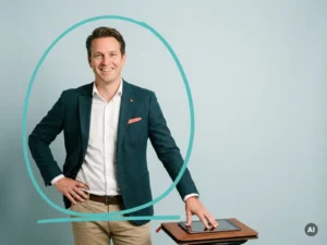 Zelfverzekerde Nederlandse mkb-ondernemer in smart casual met tablet, glimlachend in minimalistische studio.