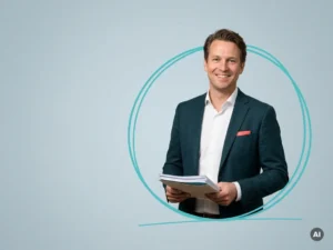 Zelfverzekerde mkb-ondernemer met documenten, glimlachend in studio, met ruimte links voor personeelszaken