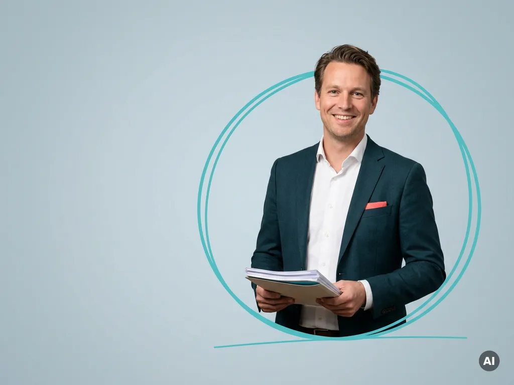 Zelfverzekerde mkb-ondernemer met documenten, glimlachend in studio, met ruimte links voor personeelszaken