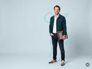Zelfverzekerde Nederlandse mkb-ondernemer in studio met map, glimlachend voor licht blauwgrijze achtergrond met lege ruimte