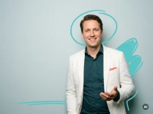 Nederlandse mkb-ondernemer in smart casual, zelfverzekerd in studio met blauwe achtergrond en turquoise accenten
