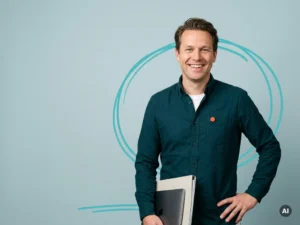 Vriendelijke Nederlandse mkb-ondernemer met laptopmap in studio, glimlachend en zelfverzekerd, met lege ruimte links
