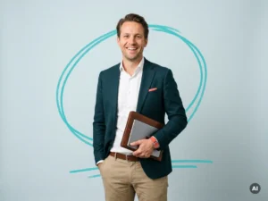 Zelfverzekerde Nederlandse mkb-ondernemer in studio, met tablet en open glimlach, in moderne minimalistische setting