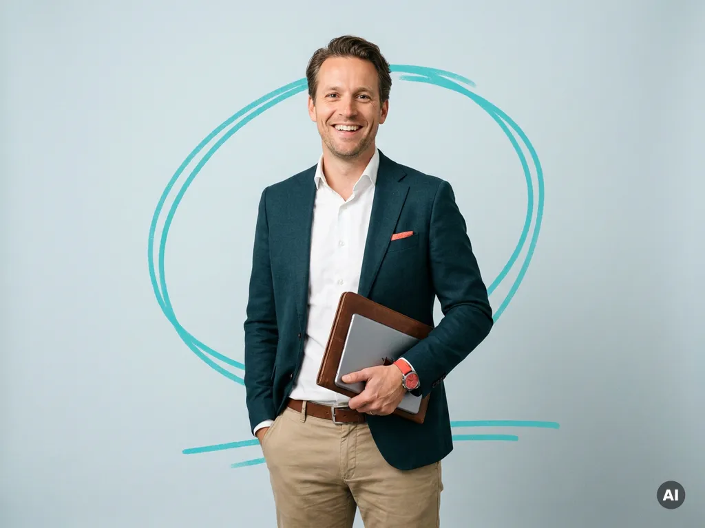 Zelfverzekerde Nederlandse mkb-ondernemer in studio, met tablet en open glimlach, in moderne minimalistische setting