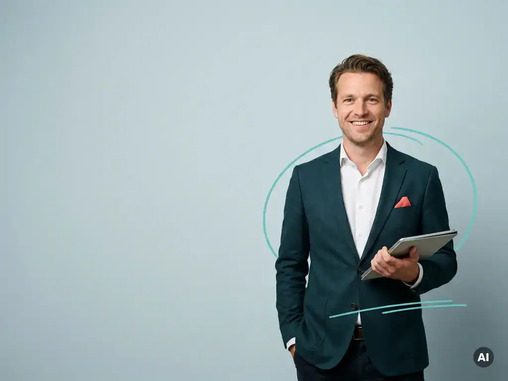 Nederlandse mkb-ondernemer met map of tablet, glimlachend in studio met blauwe achtergrond en ruimte voor tekst