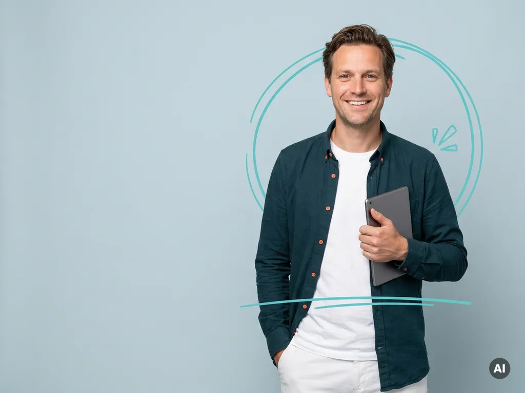Vriendelijke Nederlandse mkb-ondernemer met tablet, glimlachend in studio met turquoise accenten en lege ruimte links