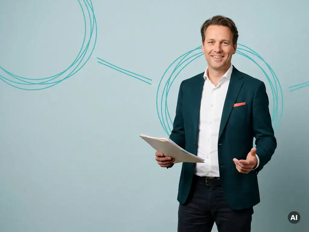 Zelfverzekerde Nederlandse mkb-ondernemer met projectmap in studio, glimlachend op licht blauwgrijze achtergrond.