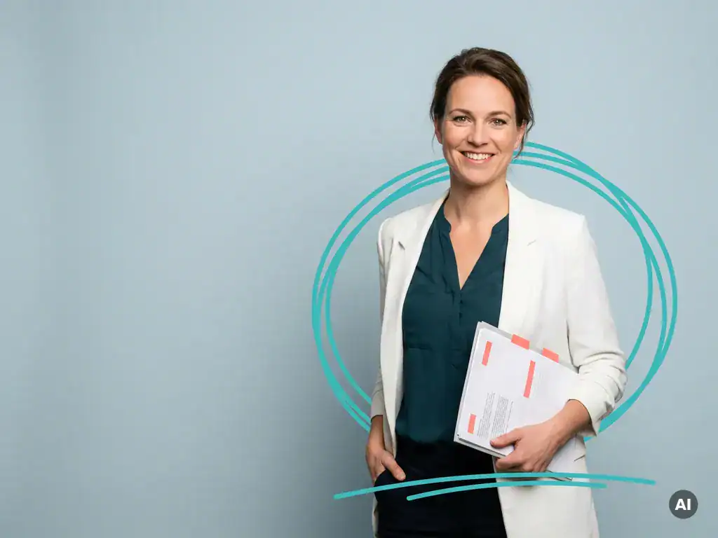 Nederlandse mkb-ondernemer met map en glimlach in studio, smart casual, overzichtelijke zakelijke uitstraling
