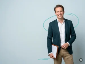 Zelfverzekerde Nederlandse mkb-ondernemer met documentenmap, smart casual in studio met rustige negatieve ruimte.