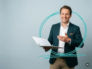 Zelfverzekerde Nederlandse mkb-ondernemer met documenten, uitnodigend gebaar, in lichte studio met lege ruimte links