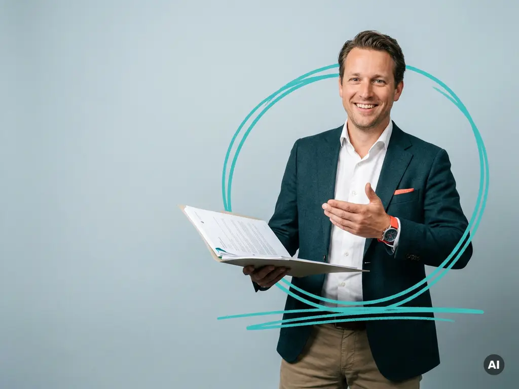 Zelfverzekerde Nederlandse mkb-ondernemer met documenten, uitnodigend gebaar, in lichte studio met lege ruimte links