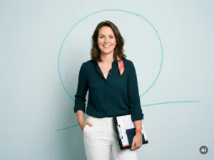 Zelfverzekerde Nederlandse mkb-ondernemer met documentenmap in studio, smart casual, blauwe achtergrond met lege ruimte