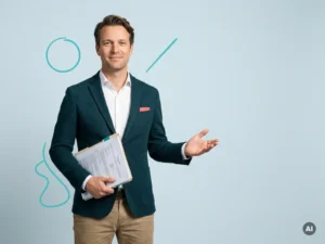 Vriendelijke Nederlandse mkb-ondernemer met documentenmap in studio, geruststellend gebaar op licht blauwgrijze achtergrond