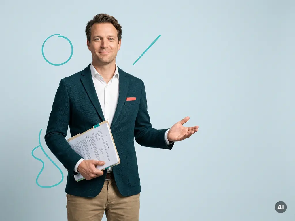 Vriendelijke Nederlandse mkb-ondernemer met documentenmap in studio, geruststellend gebaar op licht blauwgrijze achtergrond