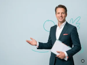Vriendelijke Nederlandse mkb-ondernemer met documenten, uitnodigend gebaar, in moderne studio met rustige blauwe achtergrond