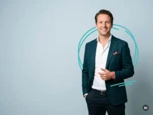 Zelfverzekerde Nederlandse mkb-ondernemer in smart casual, glimlachend in studio, met ruimte voor tekst links