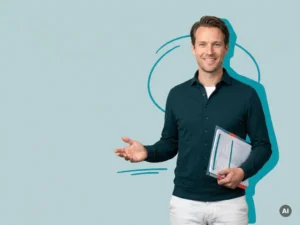 Zelfverzekerde mkb-ondernemer met documenten in studio, uitnodigende houding op licht blauwgrijze achtergrond