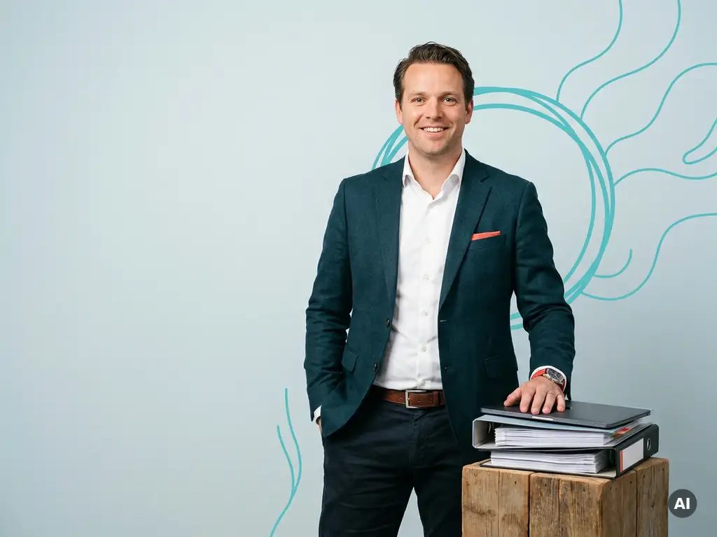 Zelfverzekerde Nederlandse mkb-ondernemer in studio, naast ordners en laptop, met veel lege ruimte links.