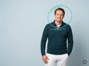 Nederlandse mkb-ondernemer in smart-casual kleding, vriendelijk poserend in studio met rustige blauwgrijze achtergrond