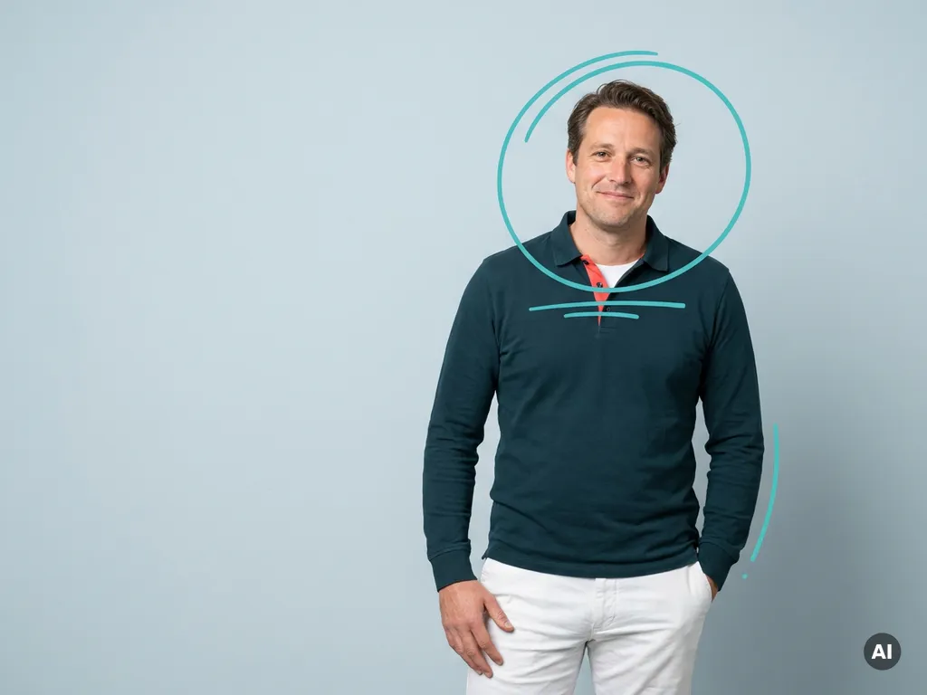 Nederlandse mkb-ondernemer in smart-casual kleding, vriendelijk poserend in studio met rustige blauwgrijze achtergrond