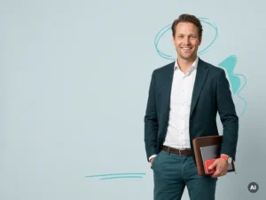 Zelfverzekerde Nederlandse mkb-ondernemer in smart casual met tablet, in studio met ruimte links en turquoise accenten