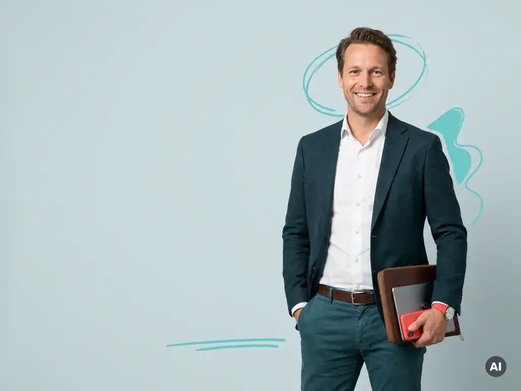 Zelfverzekerde Nederlandse mkb-ondernemer in smart casual met tablet, in studio met ruimte links en turquoise accenten