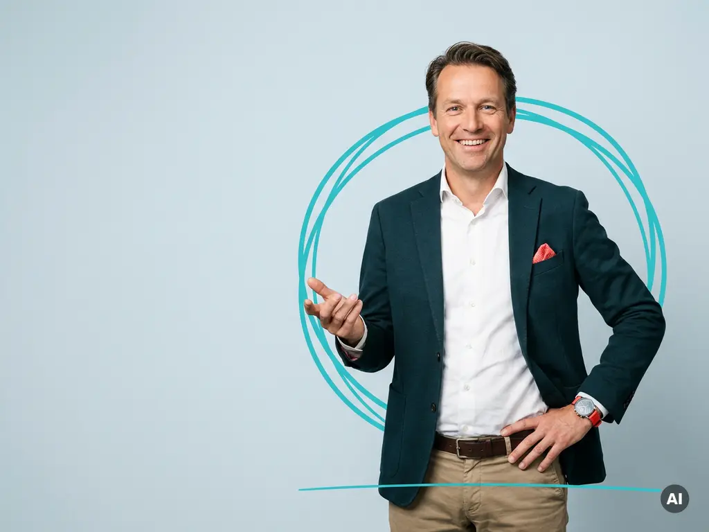 Zelfverzekerde Nederlandse mkb-ondernemer in smart casual, glimlachend in studio met rustige blauwe achtergrond.