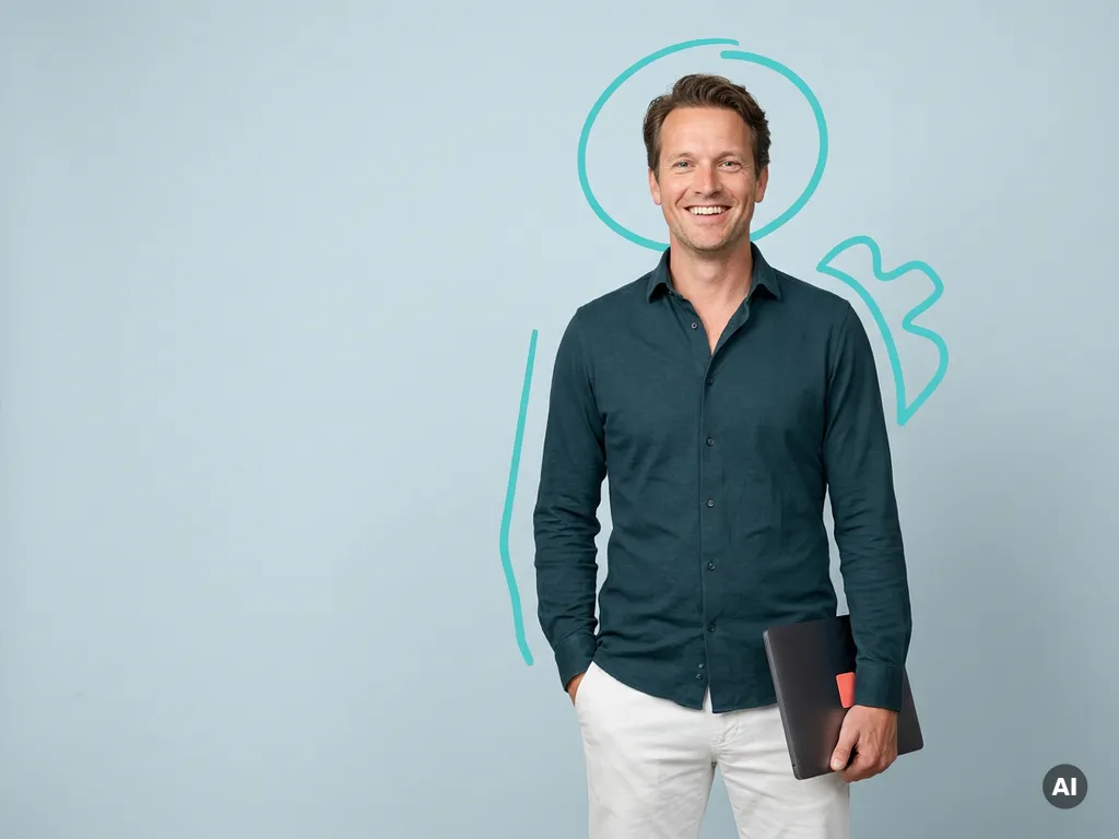 Vriendelijke mkb-ondernemer in smart casual met map, in studio met blauwe achtergrond en ruimte voor tekst