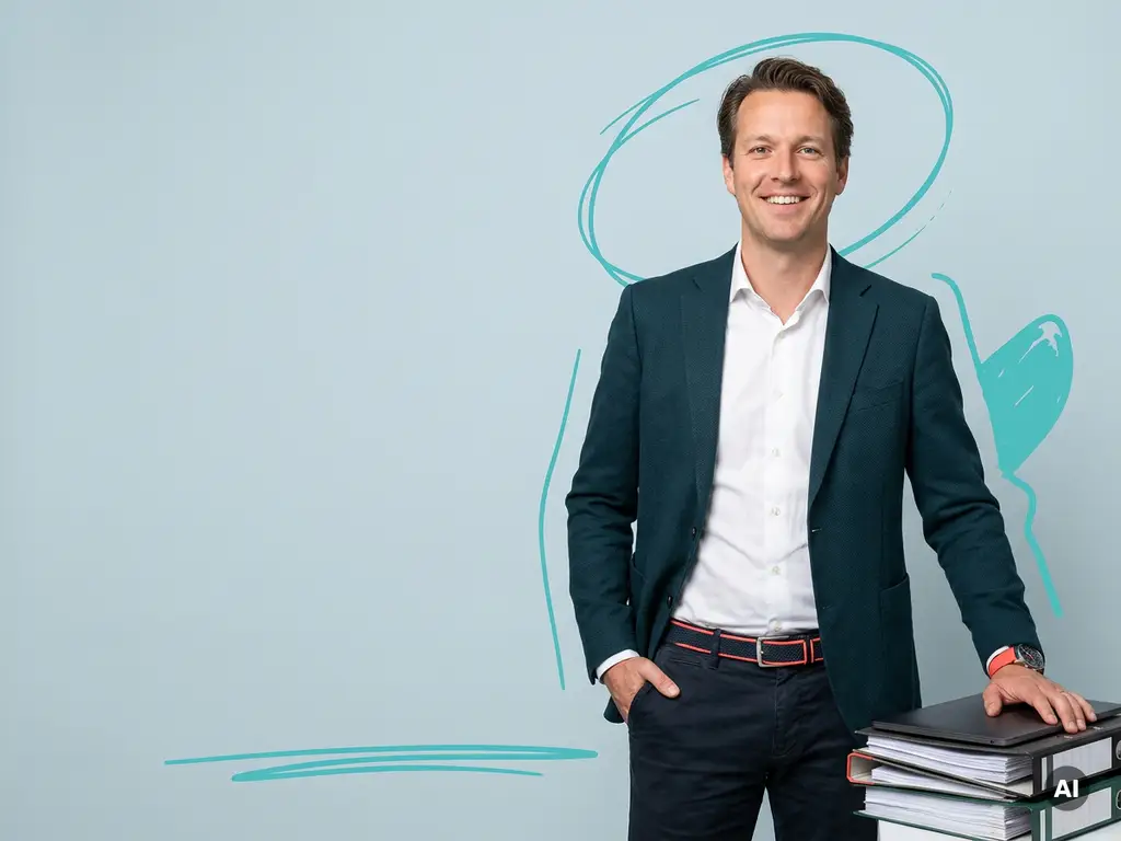 Zelfverzekerde Nederlandse mkb-ondernemer met ordners en laptop in studio, met veel lege ruimte links.