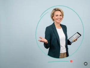 Vriendelijke Nederlandse mkb-ondernemer met tablet en rekeninterface, geruststellend gebaar, in rustige studio.