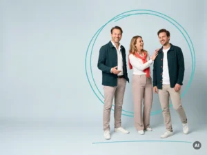 Zelfverzekerde Nederlandse mkb-ondernemer met twee teamleden, ontspannen overleg in studio op licht blauwgrijze achtergrond.