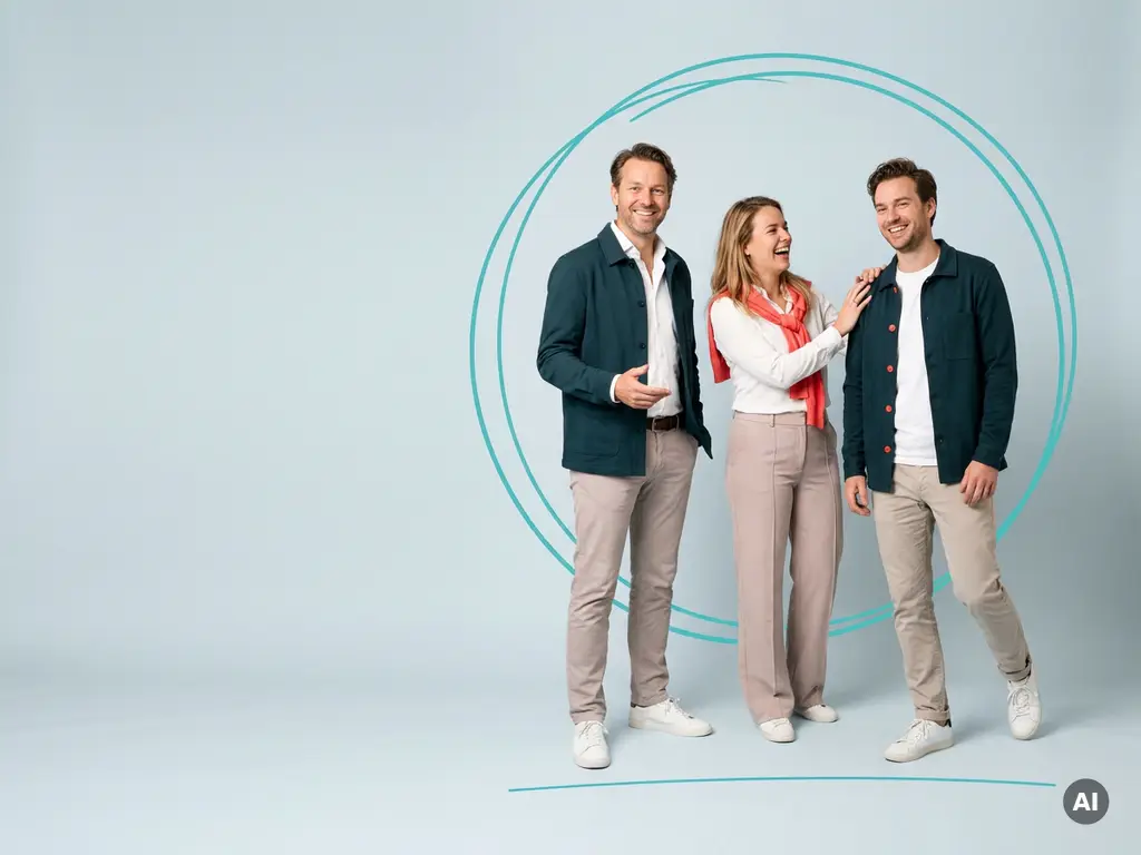 Zelfverzekerde Nederlandse mkb-ondernemer met twee teamleden, ontspannen overleg in studio op licht blauwgrijze achtergrond.