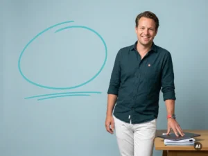 Nederlandse mkb-ondernemer met laptop en papieren, ontspannen in studio met ruimte voor tekst en blauwe achtergrond