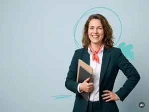 Zelfverzekerde mkb-ondernemer met tablet in studio, open glimlach, blauwgrijze achtergrond en turquoise accenten