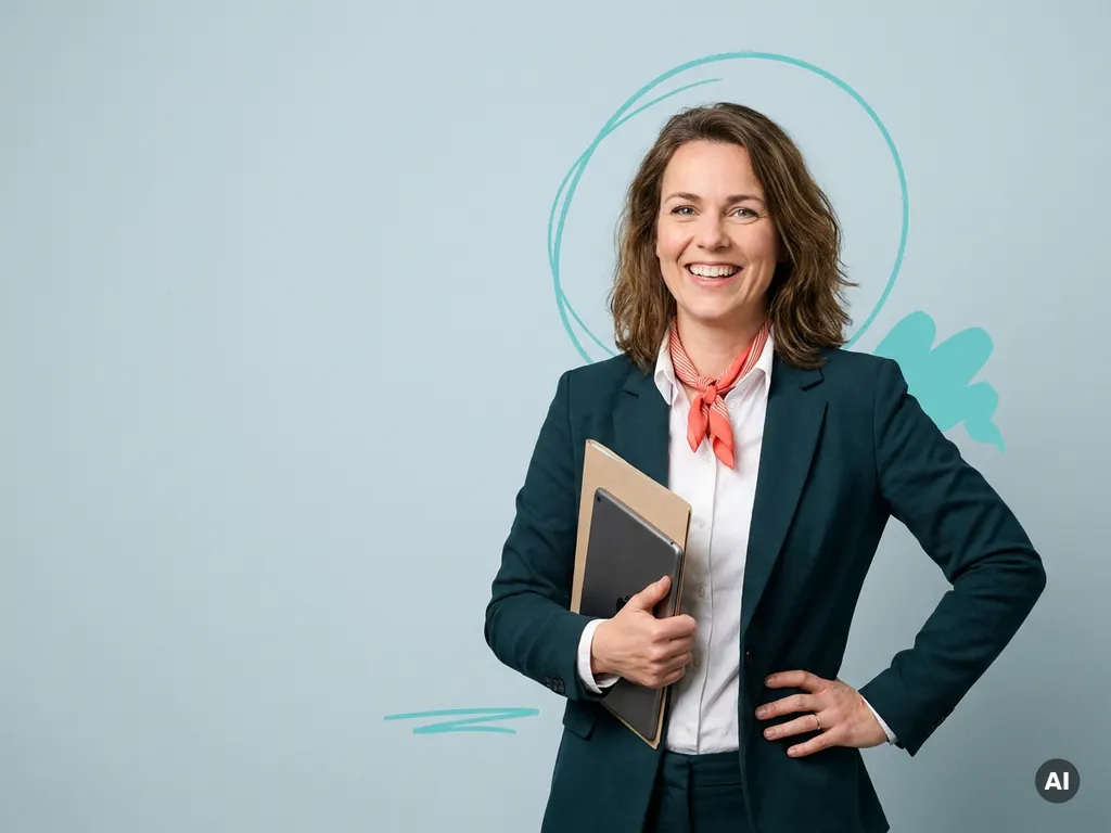 Zelfverzekerde mkb-ondernemer met tablet in studio, open glimlach, blauwgrijze achtergrond en turquoise accenten