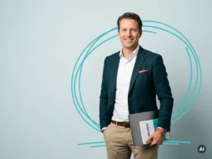 Zelfverzekerde Nederlandse mkb-ondernemer met laptopmap in studio, professionele uitstraling voor verloning opdracht