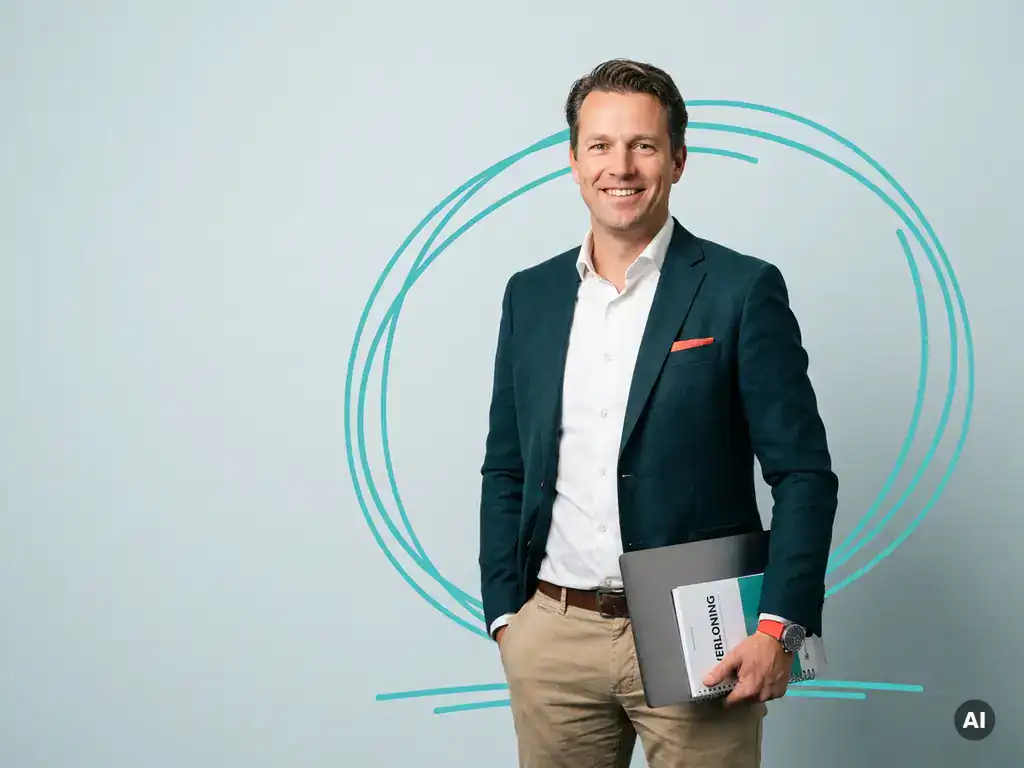 Zelfverzekerde Nederlandse mkb-ondernemer met laptopmap in studio, professionele uitstraling voor verloning opdracht