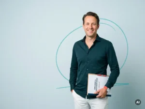 Zelfverzekerde Nederlandse mkb-ondernemer in smart casual met documentenmap, in lichte studio met veel lege ruimte links