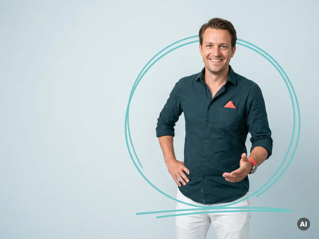 Vriendelijke Nederlandse mkb-ondernemer verwelkomt uitnodigend in studio, met lege ruimte links en rustige uitstraling