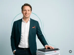 Nederlandse mkb-ondernemer in smart casual met documenten, glimlachend in minimalistische studio met veel witruimte