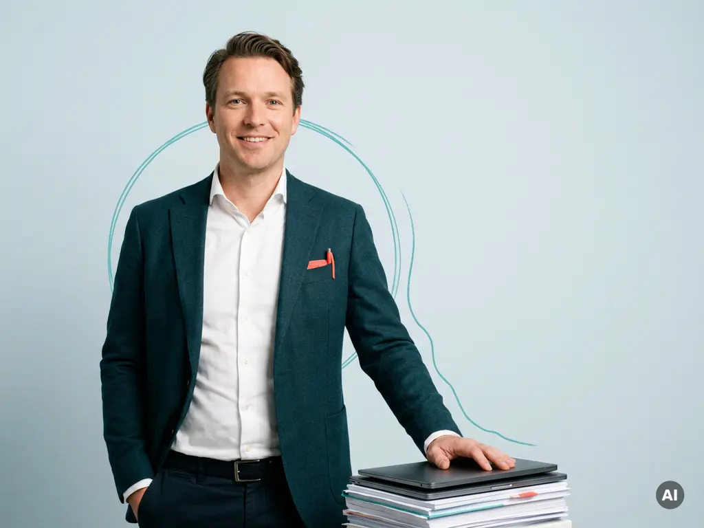 Nederlandse mkb-ondernemer in smart casual met documenten, glimlachend in minimalistische studio met veel witruimte