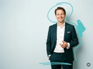 Vriendelijke Nederlandse mkb-ondernemer in smart casual, glimlachend in studio, met rustige moderne campagne-uitstraling