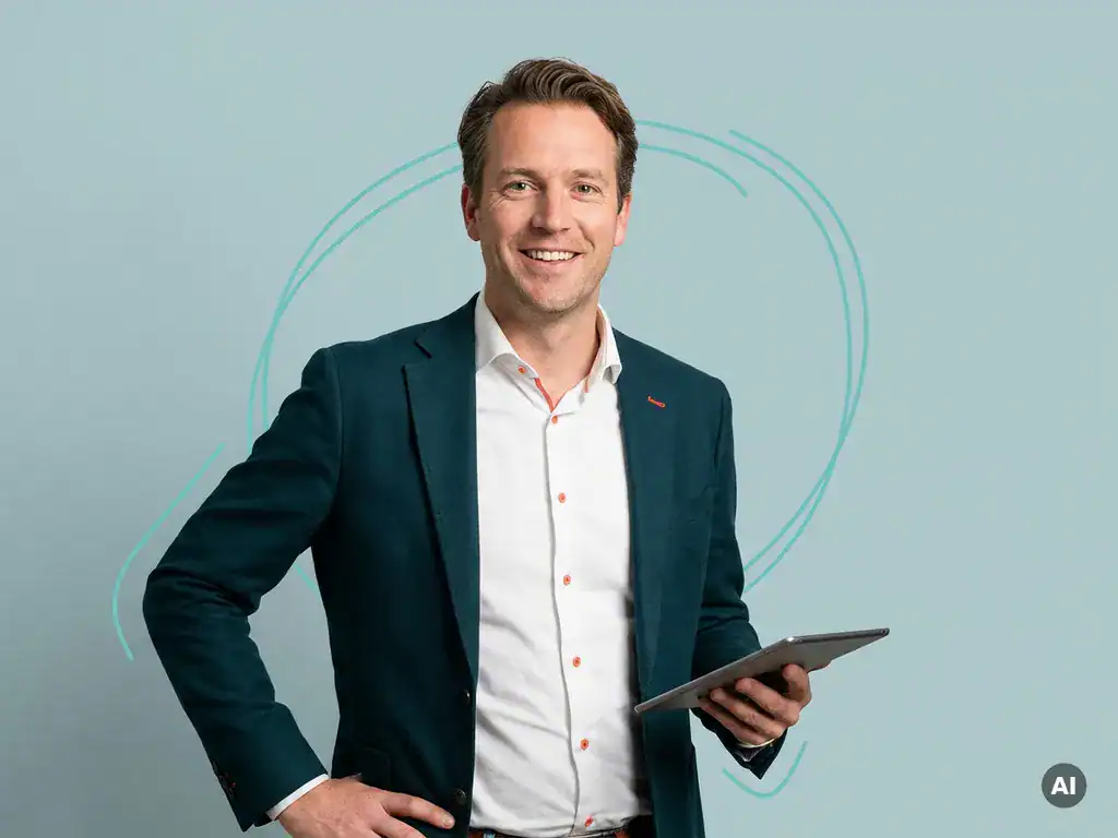 Zelfverzekerde mkb-ondernemer met tablet in studio, open houding en veel lege ruimte op lichtblauwe achtergrond
