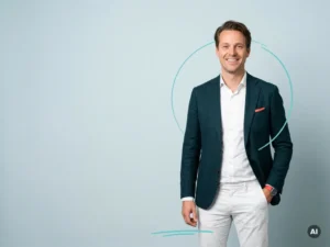 Zelfverzekerde Nederlandse mkb-ondernemer in smart casual, glimlachend in studio, met ruimte voor tekst links