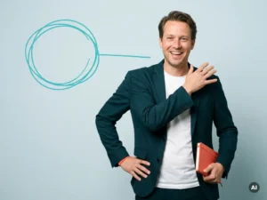 Vriendelijke Nederlandse mkb-ondernemer glimlacht ontspannen in studio, zakelijke casual, met veel lege ruimte links