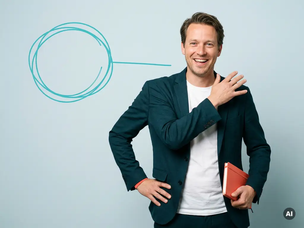 Vriendelijke Nederlandse mkb-ondernemer glimlacht ontspannen in studio, zakelijke casual, met veel lege ruimte links